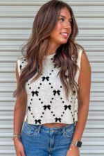 White Bow Pattern Buttoned Side Cropped Sweater Vest - Image 2