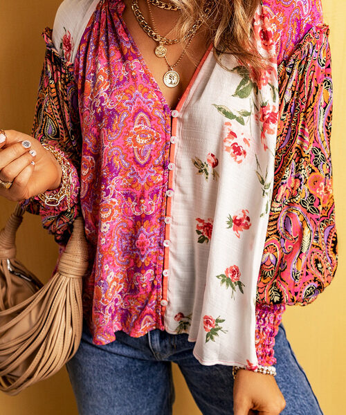 Multicolor Floral Patchwork Shirred Cuff Buttoned V Neck Blouse