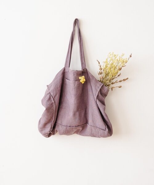 Linen beach bag with pocket and zipper in Pastel Plum