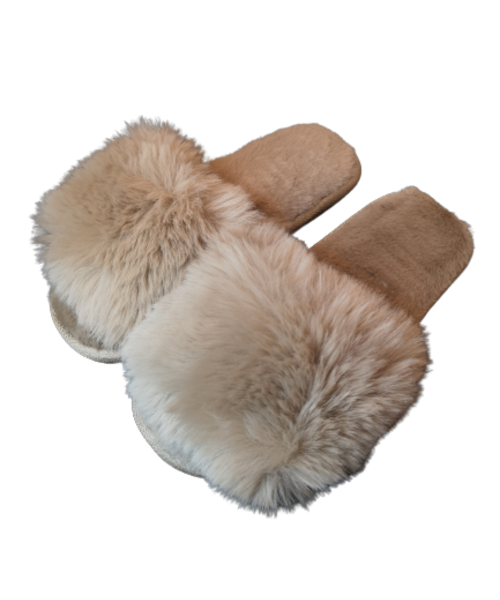 Open Toe Fluffy Slider Slippers in Camel
