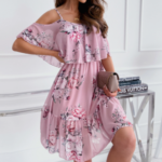 Women Cold Shoulder Ruffle Chiffon Beach Dress - Image 2