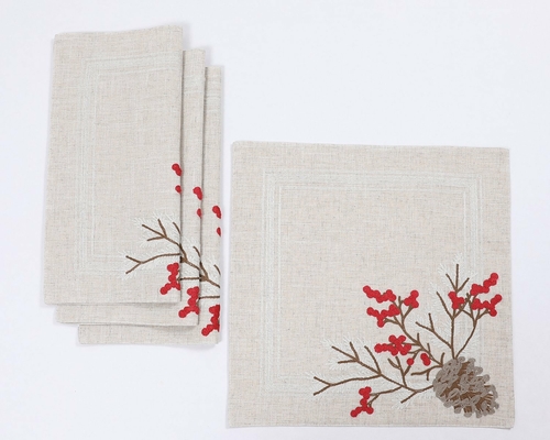 XD19811-Christmas Pine Cone Crewel Embroidered Placemats 16 by 16-Inch