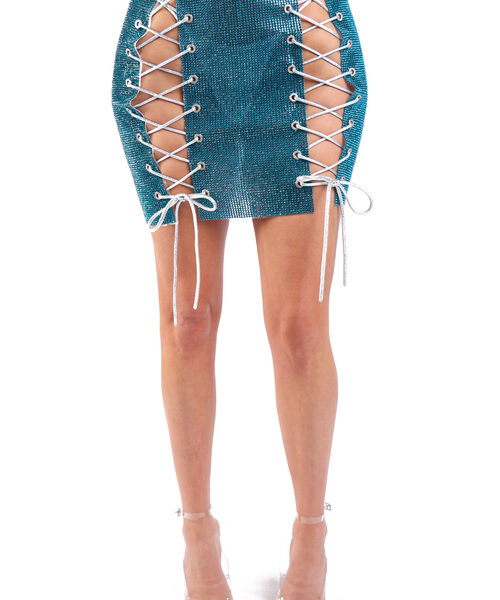 Full Rhinestones 4 Sides Lace Up Party Rave Club Mini Skirt TEAL