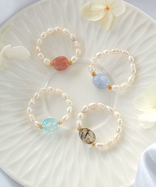 Elastic Rings with Natural Crystals & Freshwater Pearls
