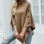 Womens Turtleneck Poncho With Side Buttons Details