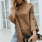 Womens Turtleneck Poncho With Side Buttons Details - Image 2