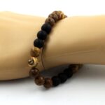 Landscape Jasper + Matte Black Onyx + Wood Bracelet 8 mm Beads. - Image 2