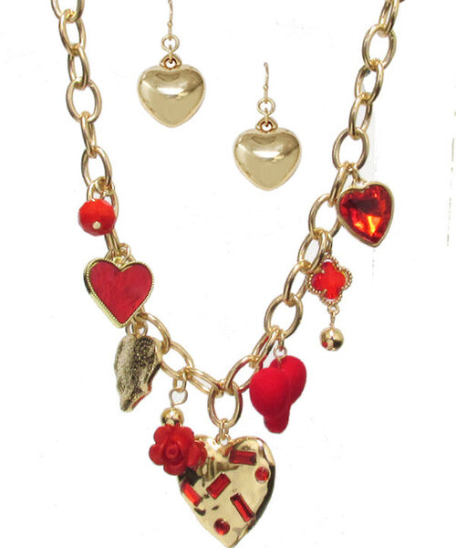 VALENTINE THEME MULTI PUFFY HEART CHARM DANGLE DROP NECKLACE SET