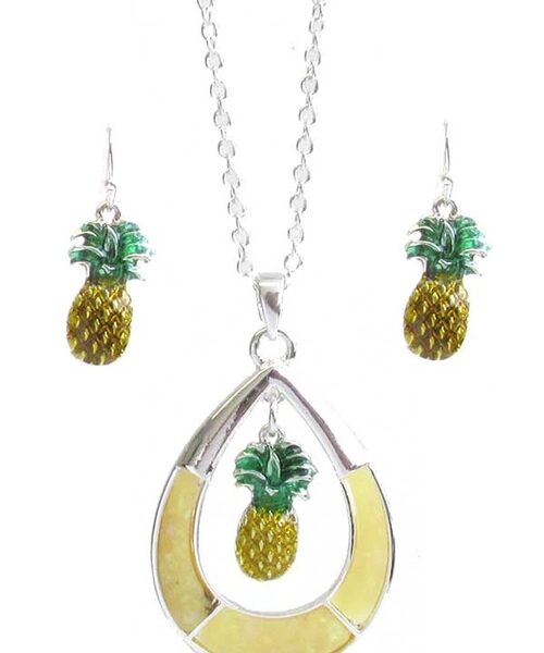 TROPICAL THEME EPOXY TEARDROP RING PENDANT NECKLACE SET - PINEAPPLE