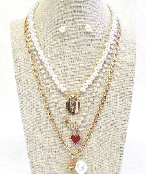 HEART LOCK AND KEY PENDANT AND MULTI PEARL CHAIN NECKLACE SET