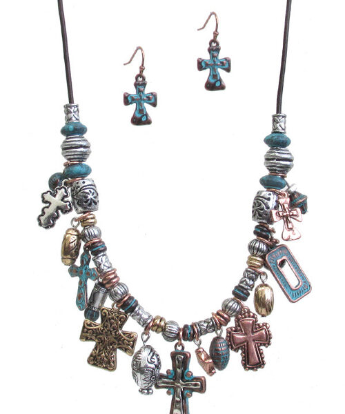 WESTERN THEME MULTI CHARM DANGLE NECKLACE SET - CROSS